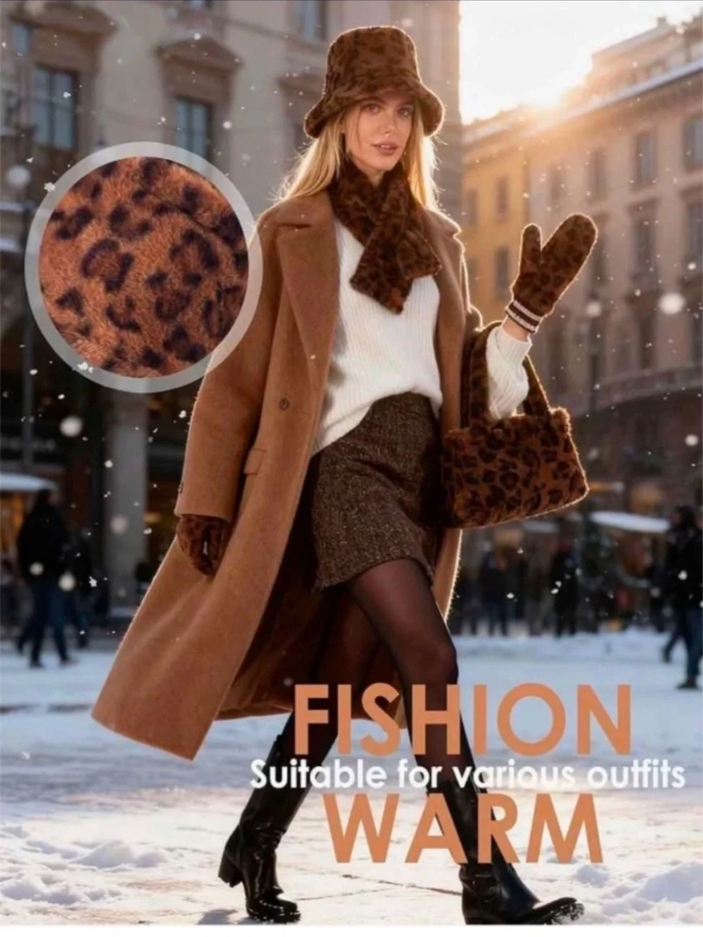 Faux Fur Bucket Hat and Glove Set 5-Piece Brown Leopard Women New FAST SHIPPING